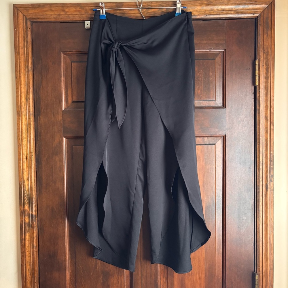 Zara Black satin Asymmetrical flowy wrap pant.